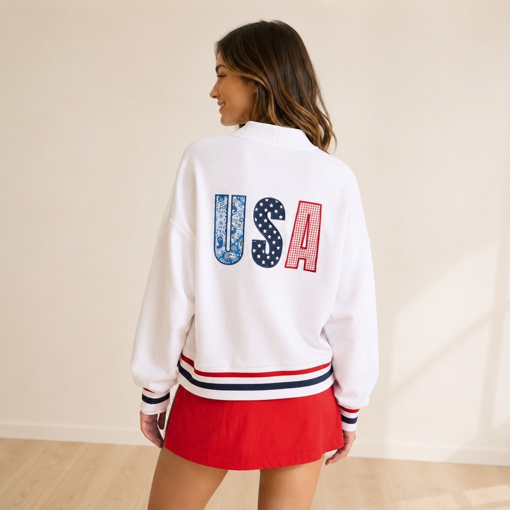 JoyLab USA Varsity Cardigan Sweatshirt White Red Navy Snap Front NWT L